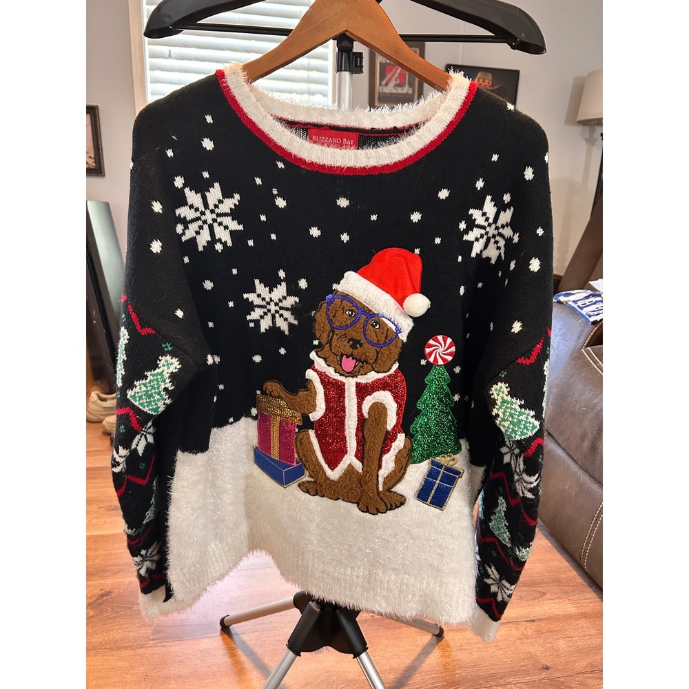 Blizzard Bay Women XL Ugly‎ Christmas Sweater Dog Santa Hat Gifts Tree Snowflake